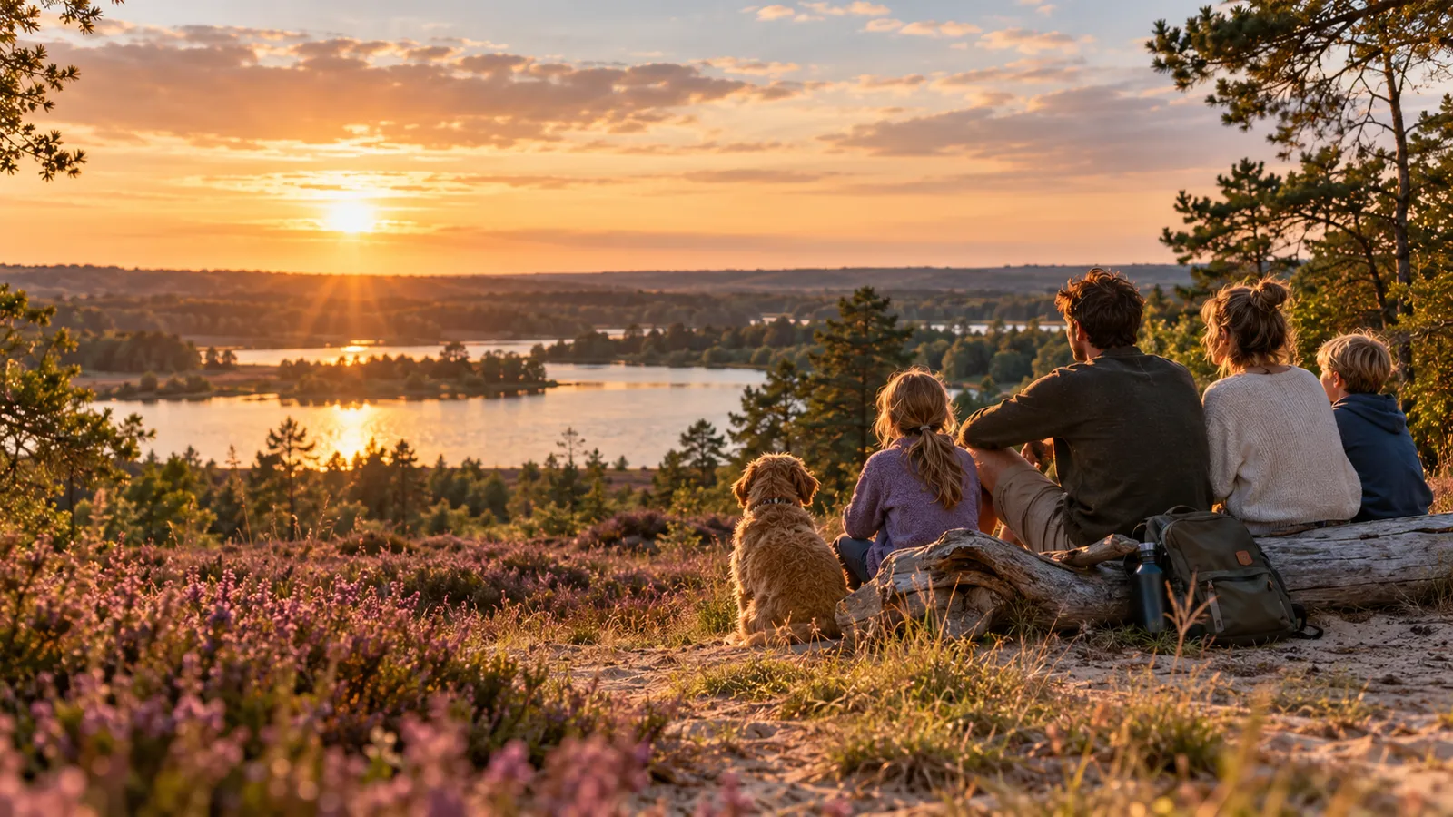Gezin met hond geniet van de zonsondergang over bos en water tijdens een vakantie in Nederland